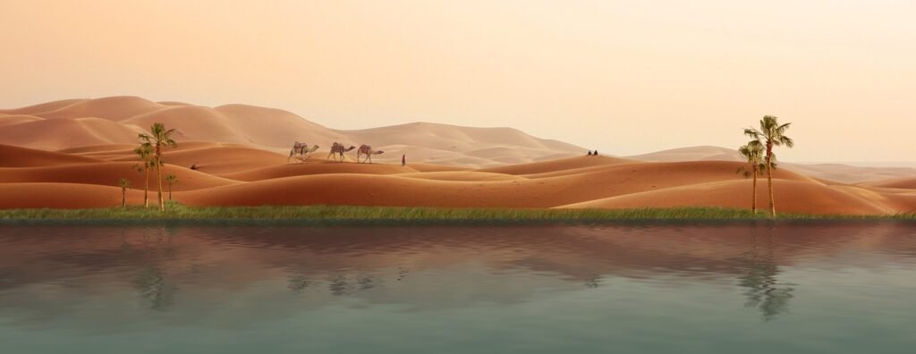 oasis, desert, caravan